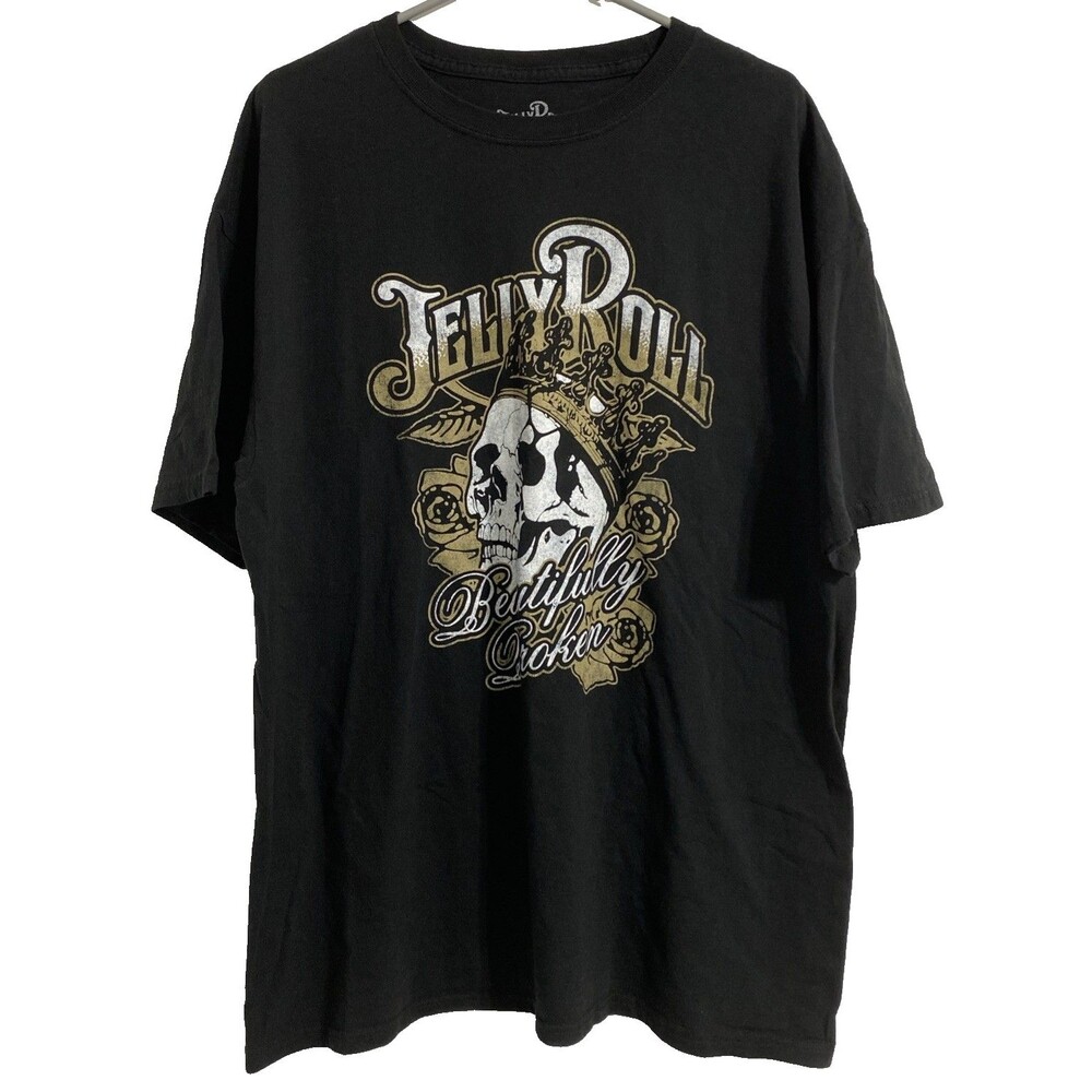 Jelly Roll Shirt Mens XL Black Beautifully Broken Skull Flowers Graphic Singer